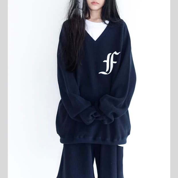 샵페어리 와플 박시 맨투맨 네이비