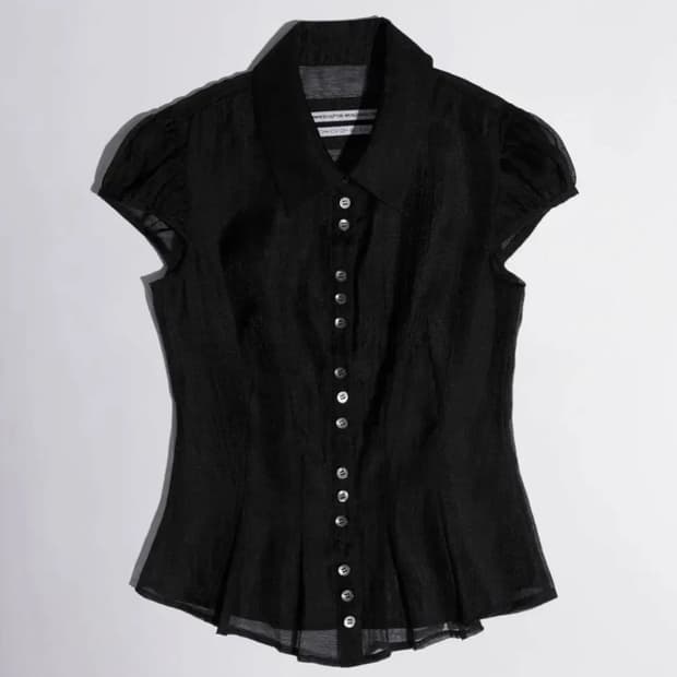 스컬프터 Sheer Pleated Hem Blouse Black (L)