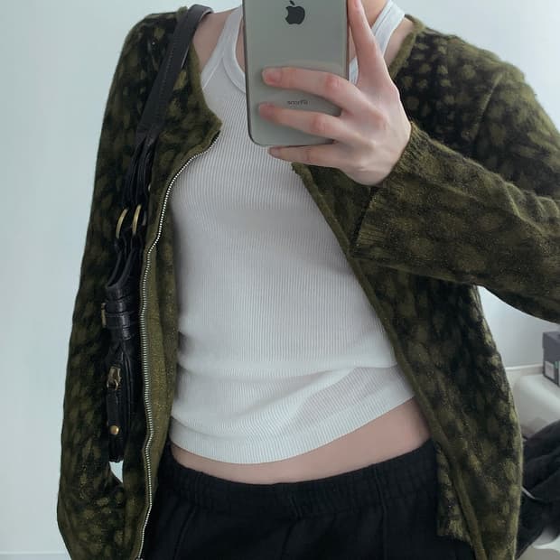 Fur Trimming Leopard Zip-up Cardigan