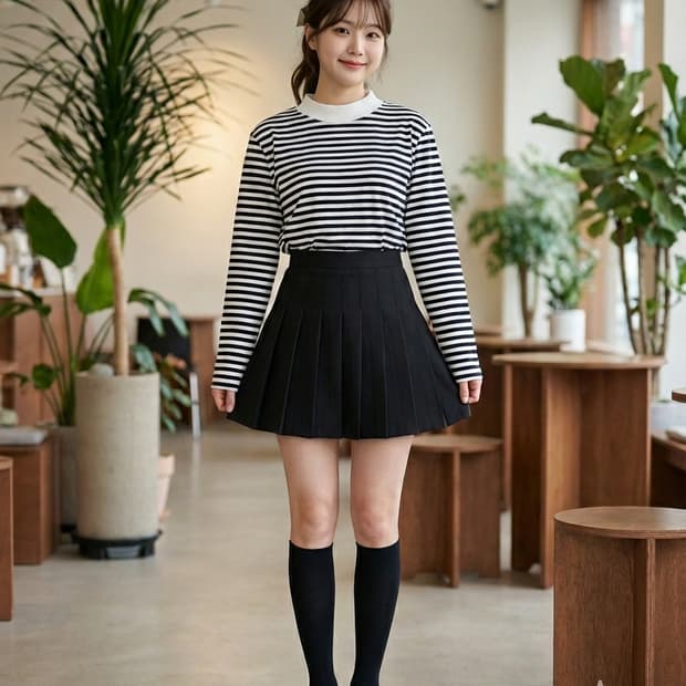 COS 코스 네이비 앤 화이트 스트라이프 모크넥 티셔츠