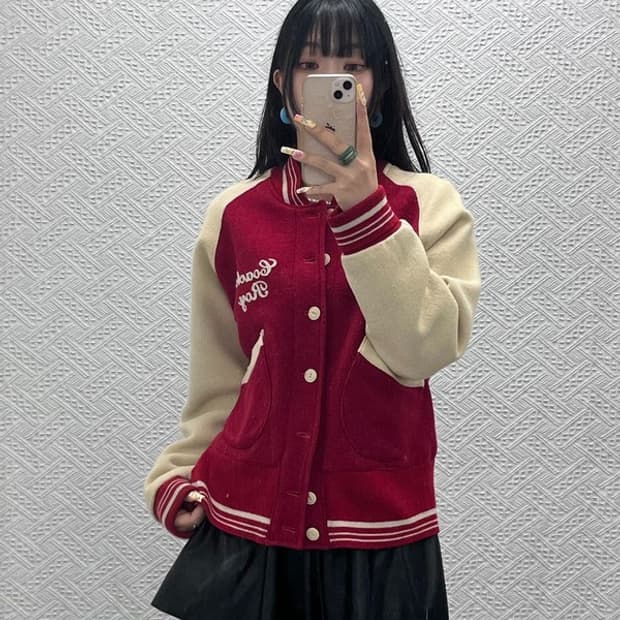 빈티지 레트로 키치 00's 하이틴 버건디 바시티 자켓 M C13915