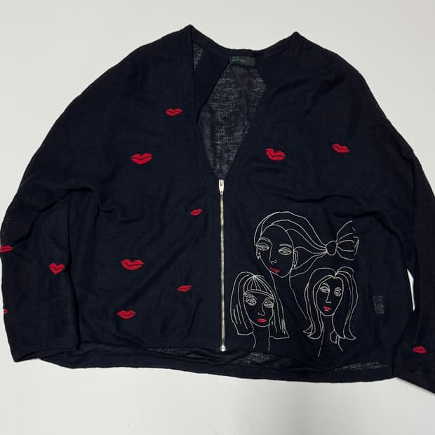 희귀!! 여성 베네통 입술 프린팅 오버핏 린넨 가디건 F