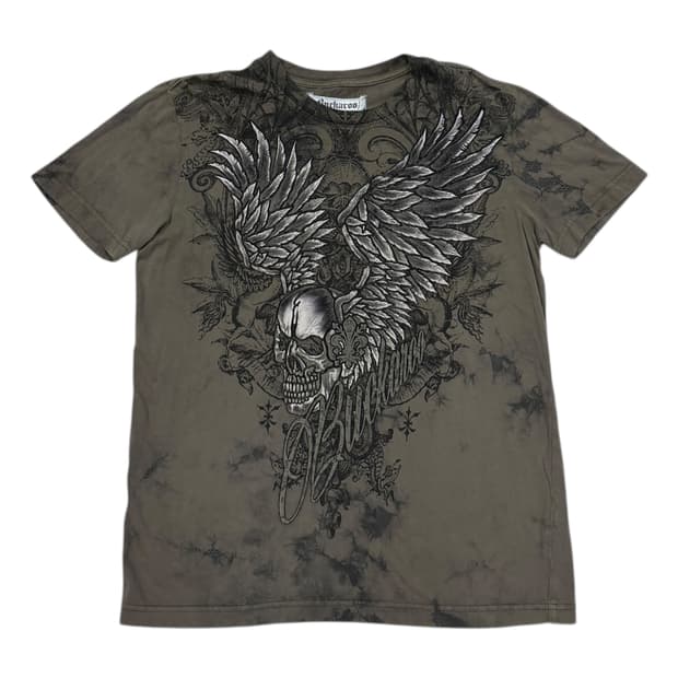 버커루 빈티지 Y2K 오리엔탈 해골 스컬 반팔 카키 M
