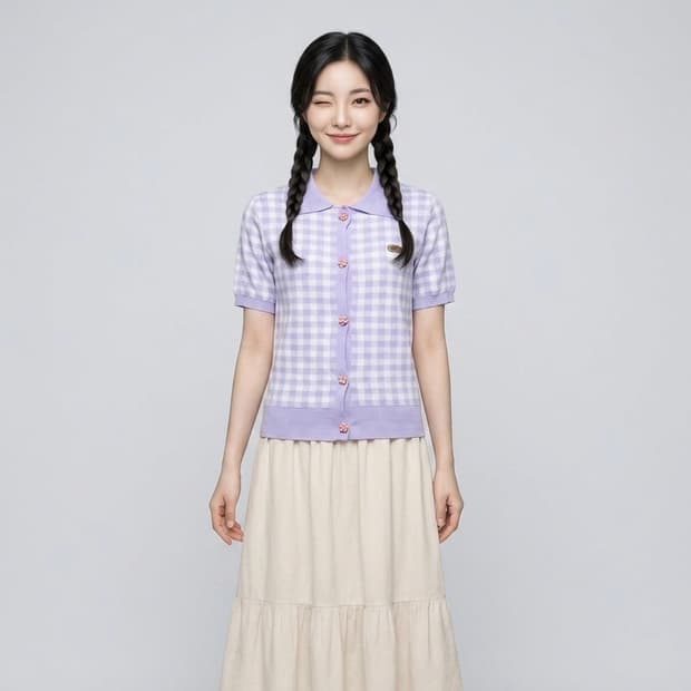 새) 라벤더  연보라 체크 반팔니트