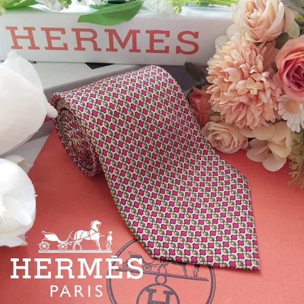 에르메스 실크 레드빛 핑크 패턴 넥타이 9cm A+등급 K1860
