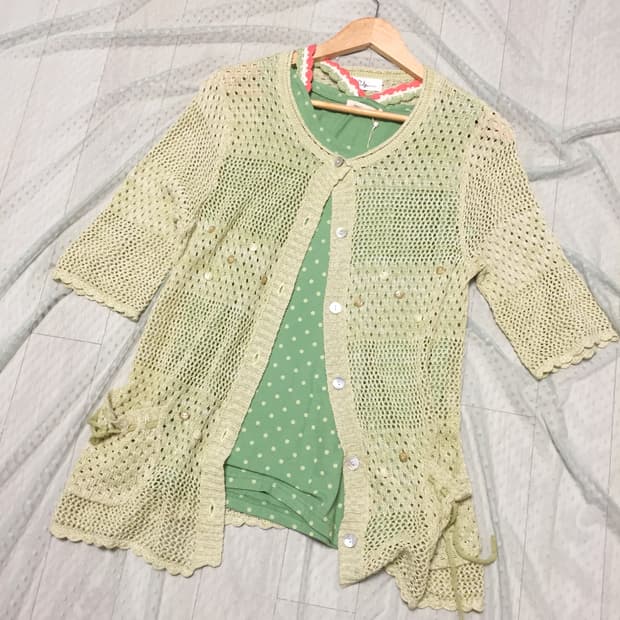 빈티지 그린 네트가디건 + 그린 도트 슬리브리스 2p set
