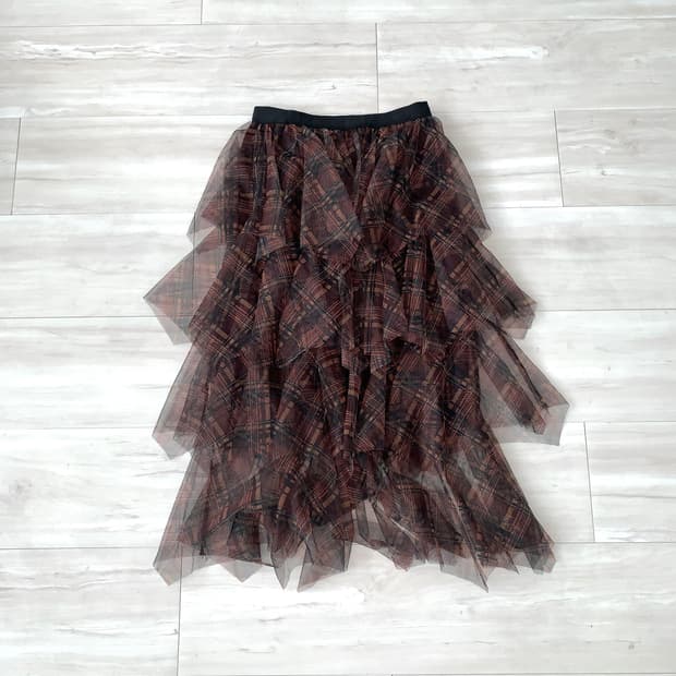 Brown Check Mesh Tiered Skirt