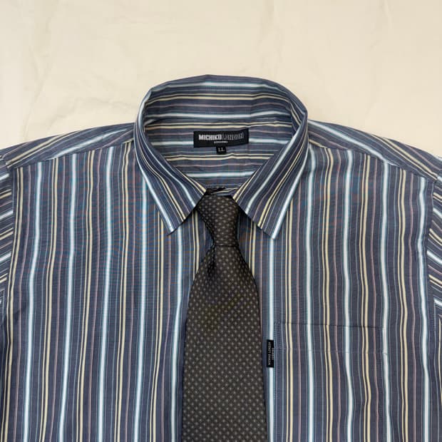 빈티지 블루 멀티 스트라이프 셔츠 & 다크 패턴 넥타이 세트