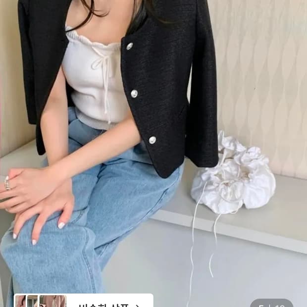 택달린새상품) 미엘 miel 브레스자켓 블랙 노카라 7부 숏 트위드