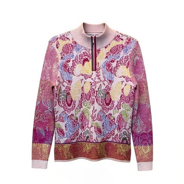 겐조 플로럴 하프집업 니트 자카드 패턴 밑단 절개 디테일 멀티컬러