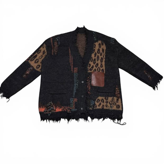 FREE VTG 차콜 레오파드 배색 데미지 자카드 가디건