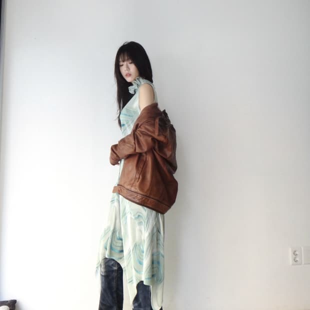 Loose sheepskin leather jacket / orange 