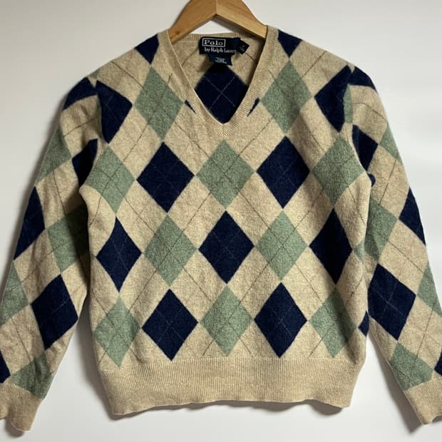 폴로랄프로렌 아가일 브이넥 캐시미어 니트 스웨터 M