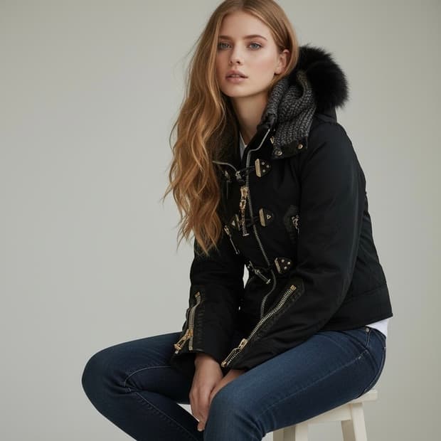 필립 플레인 여성 더플 블랙 라쿤퍼 패딩 자켓(XS)