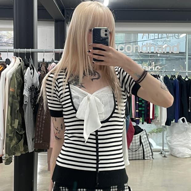 일본 vtg 스트라이브 리본 반팔 브이넥 니트 갸루 모리걸