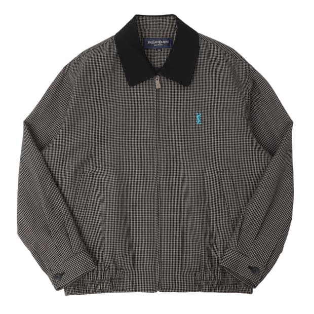 입생로랑 배색 카라 체크 울 블루종 자켓