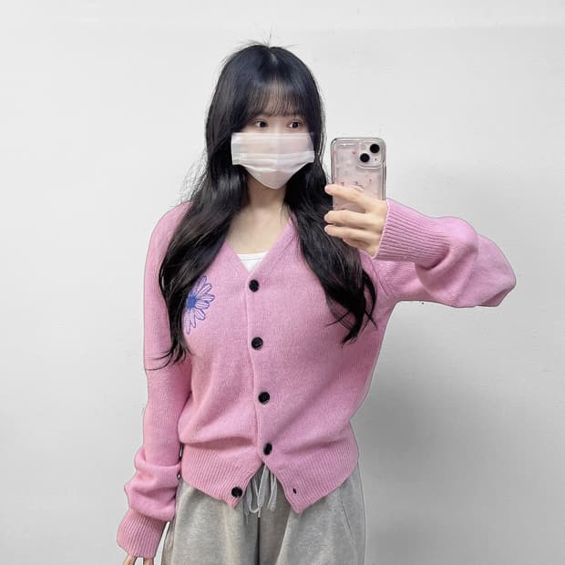 마르디메크르디 라쿤 블렌디드 브이넥 가디건 니트 핑크 블루