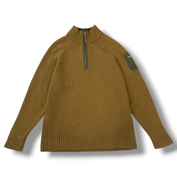 콜롬비아 올리브 배색 울 반집업 니트