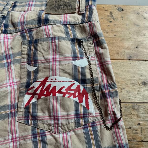 90s~00s 올드 스투시 샤크마우스 체크 반바지 (바지체인 달려있음)