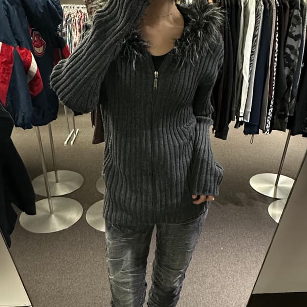 XL)Sorridere 빈티지 퍼 트리밍 니트 후드집 가디건