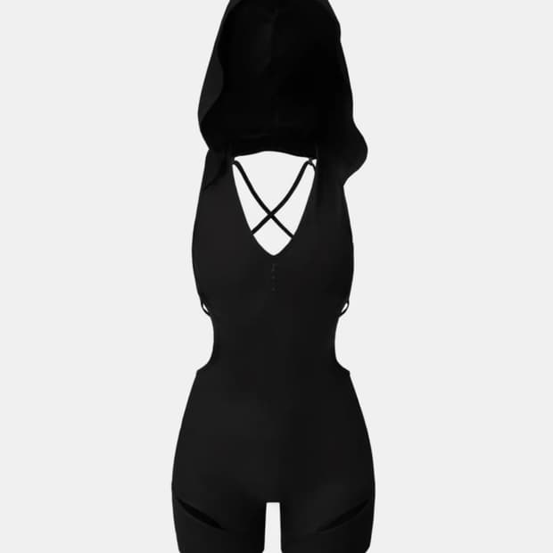 Thigh Slit Hoodie Monokini Black