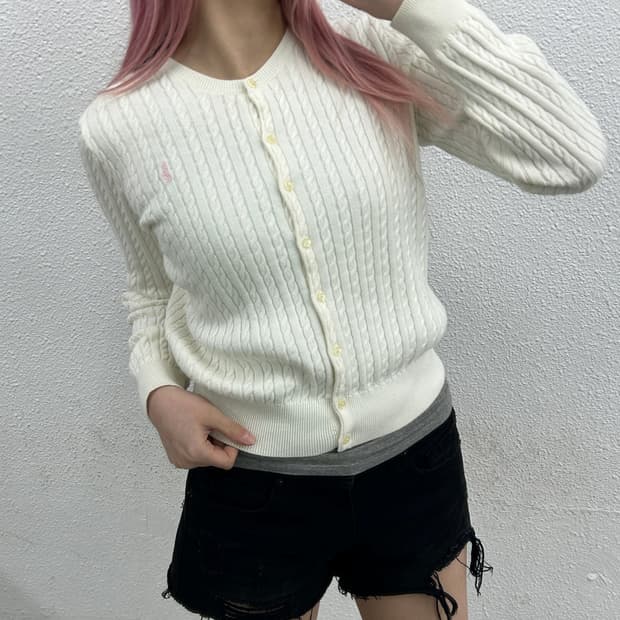 폴로 랄프로렌 딸기우유맛 포니 화이트 꽈배기 가디건 XL