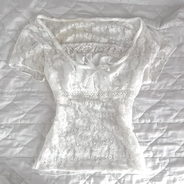 히메갸루 레이스 화이트 반팔 탑 블라우스 시스루 달천깔 페어리 모리