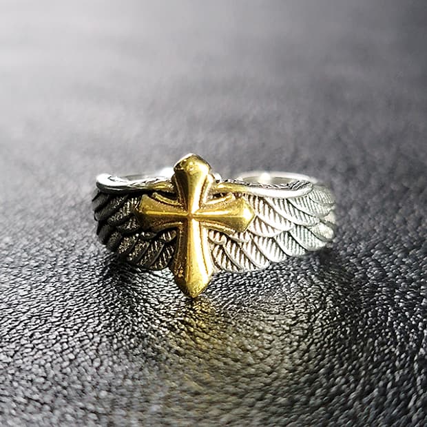 Golden Feather 실버 남자 엔틱 빈티지 천사 날개 십자가 반지