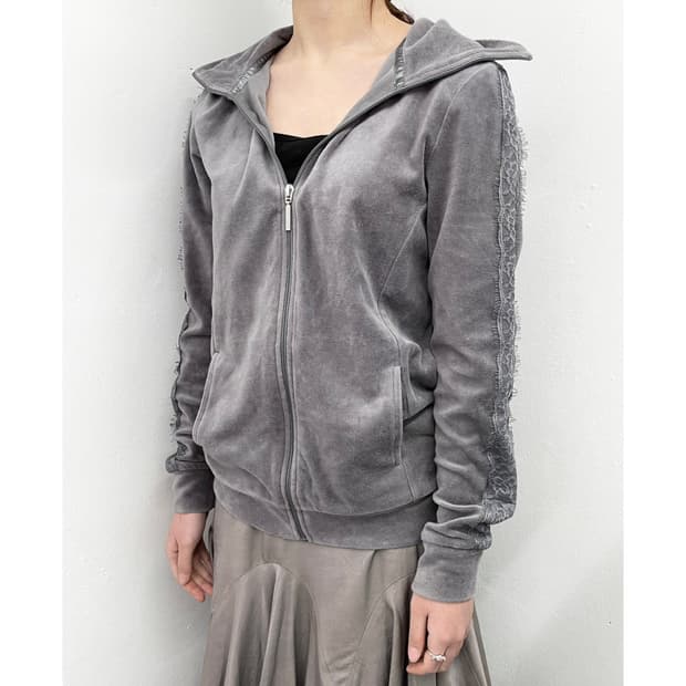 그레이 벨벳 레이스 집업