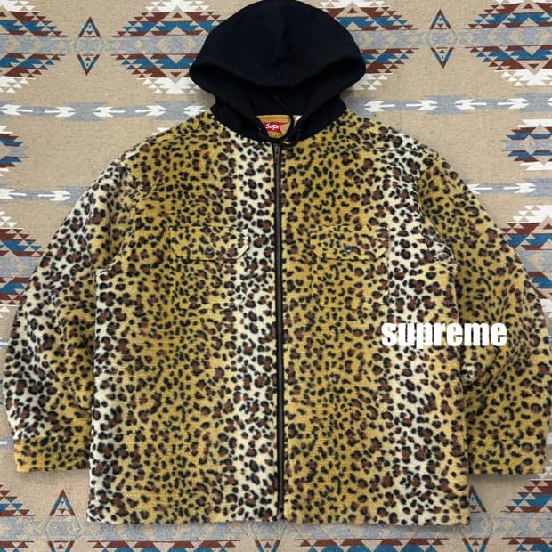 [L] 슈프림 플리스 집업 후드 셔츠 브라운 레오파드 