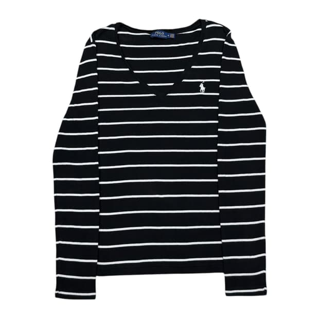 폴로 랄프로렌 여성 스트라이프 브이넥 롱슬리브 긴팔티 블랙 M