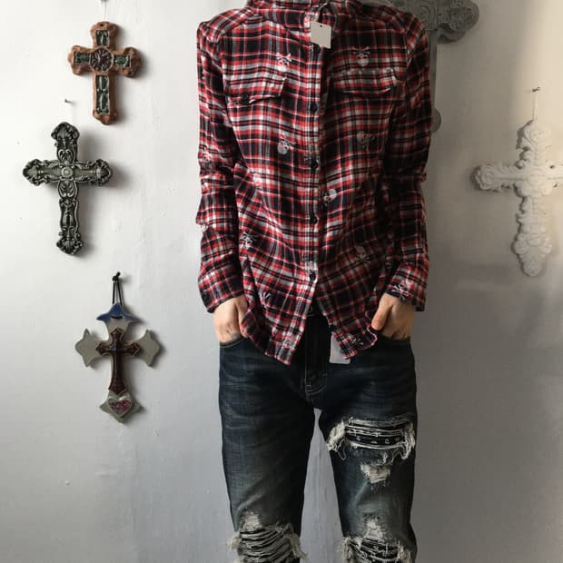 Hood layered skull check pattern shirt