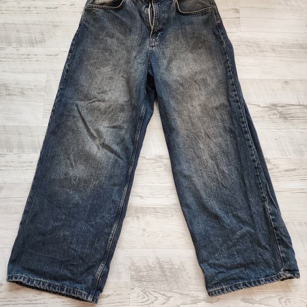 ZARA 자라 워싱 와이드 데님 팬츠 팜. (32~33)인치 중청 청바지