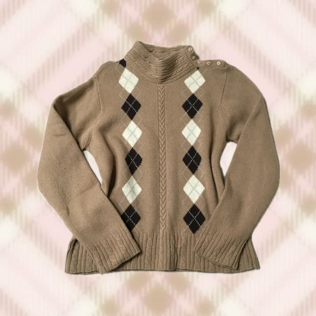 브라운 라떼 아가일 니트 히메 갸루 러블리 로걀 모리 빈티지