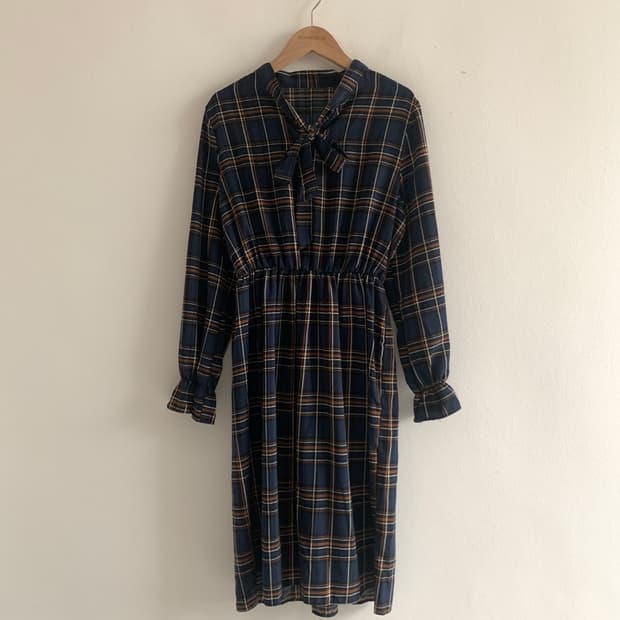Check Ribbon Neck Dress