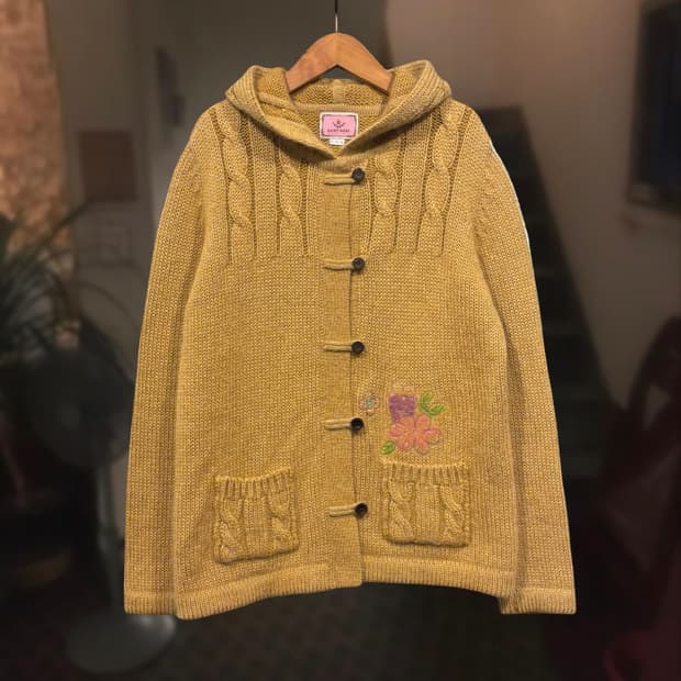 빈티지 모리걸 울혼방 머스타드 후드 니트 코트 가디건