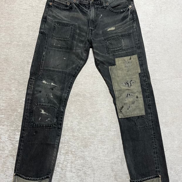 블랙 리페어 데님 / 패치워크 워싱 