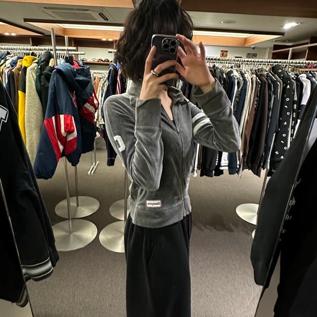 OS)챔피온 빈티지 여성 그레이 벨벳 집업