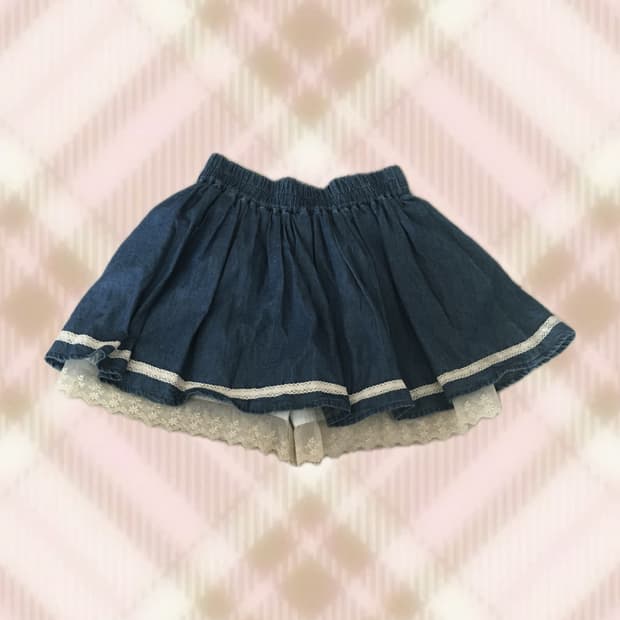 청 데님 레이스 큐롯 스커트 라떼 히메 갸루 러블리 로걀 빈티지 모리