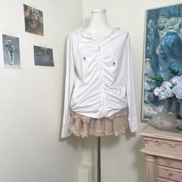 white shirring summer hoodie zip(size-M)