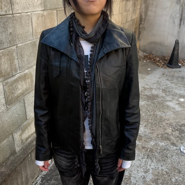 black unbalance real leather jacket