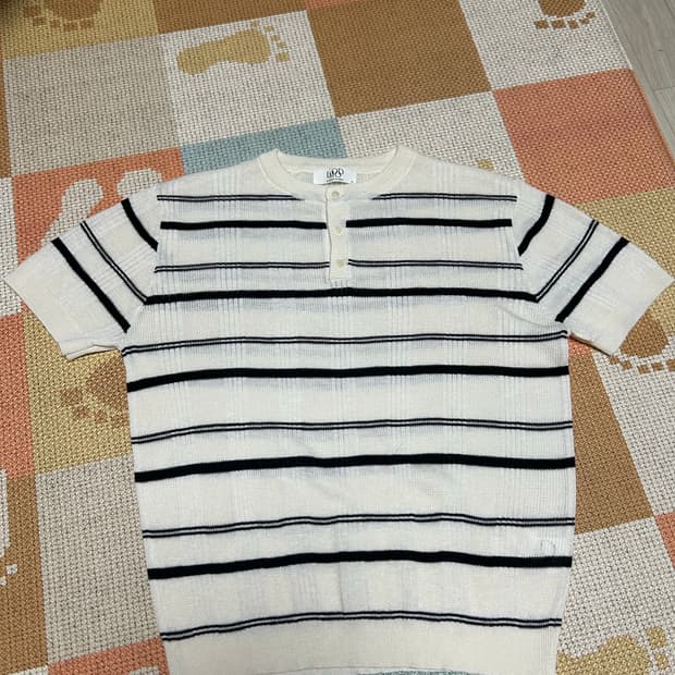 (44) 엘무드 차르르 스트라이프 헨리넥 하프 니트 아이보리