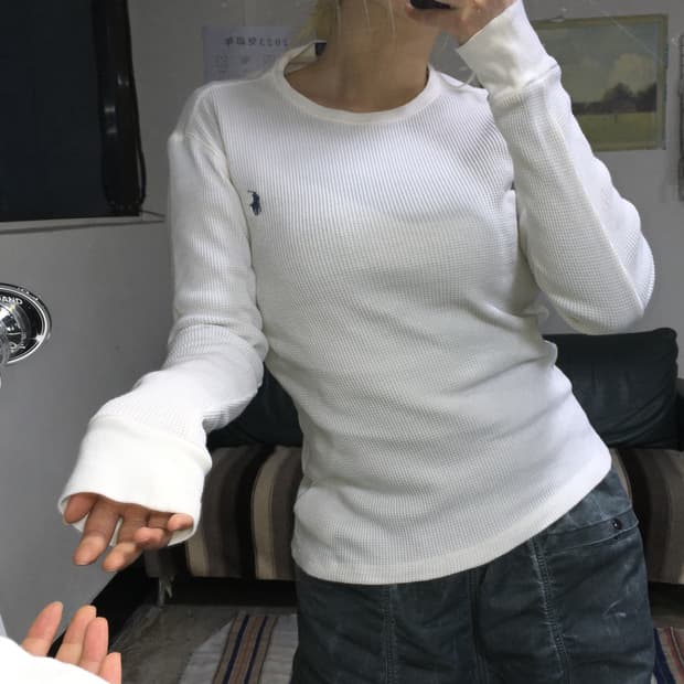 투티/0273 폴로 와플 니트 라운드 넥 슬림핏 화이트 크림