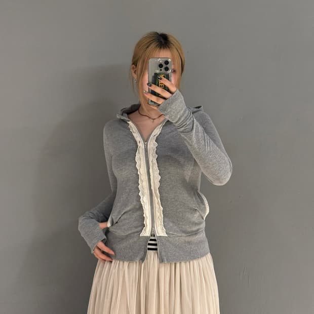 crochet line hand warmer hood zip-up