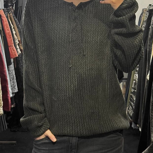 LAFORM 헨리넥 가슴 끈 와플 니트 벌룬 차콜 고스 펑크 락시크 일본