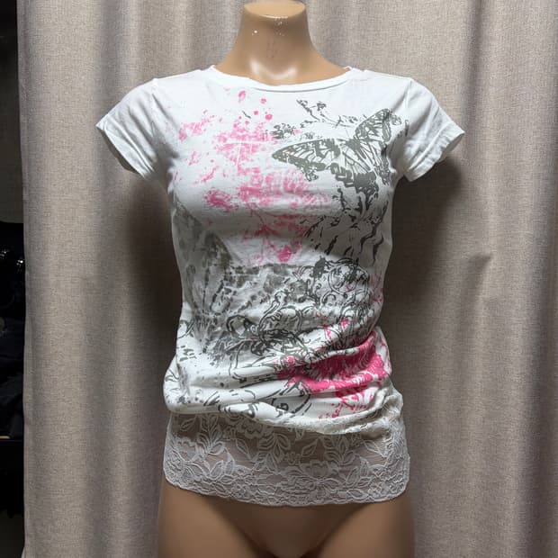Vintage Slub Butterfly Graphic Lace-Trim