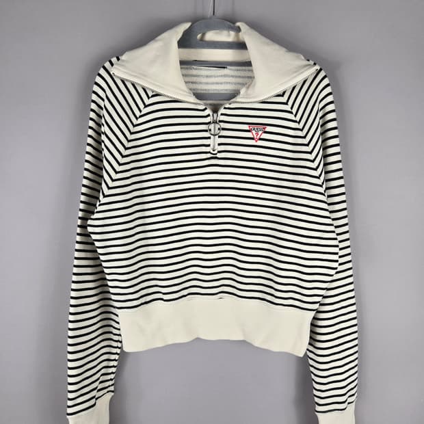 [무료배송]게스 F 여성 스트라이프 반집업 숏 스웨트 맨투맨 티셔츠