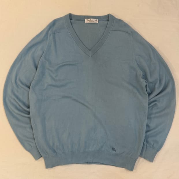 80s 버버리 아카이브 바텀로고 코튼 니트 스카이블루