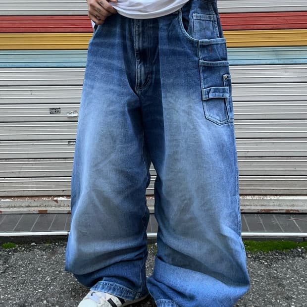 90s FUBU 올드스쿨 중청 워싱 힙합와이드팬츠
