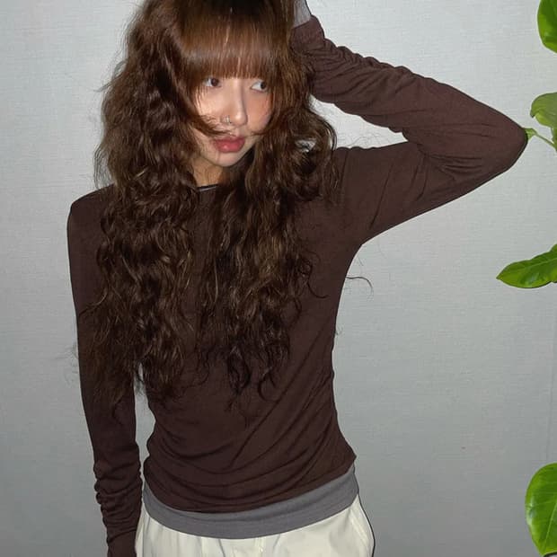 도우치도우치 셔링 레이어드 워머 티셔츠 (브라운)